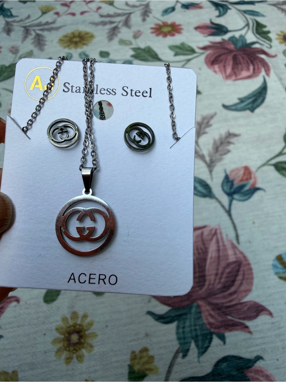 Acer Stainless Steel Double-Circle Logo Necklace and Stud Earrings - Silver